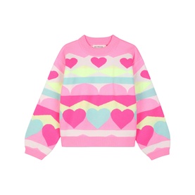 Billy Blush multi-coloured heart and stripe knit sweater with balloon sleeves in pink, mint, yellow and lilac
