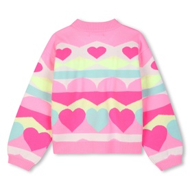 Billy Blush multicoloured heart-print knit jumper with stripe pattern in pink, yellow, mint and white, balloon sleeves