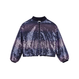 Billy Blush navy sequin bomber jacket for girls, iridescent pink-blue sequin embellishment, ribbed collar and cuffs, zip fastening