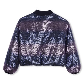 Billy Blush navy sequin bomber jacket for girls, long sleeves, ribbed collar and cuffs, iridescent finish, flat lay view