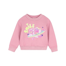 Billy Blush Love Potion pink sweat top with colourful Smile graphic, sequin heart detail, and crew neckline