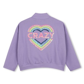 Billy Blush Purple Tulip sweat top, back view, with multicoloured sequin heart and rainbow "Crazy" graphic detail.