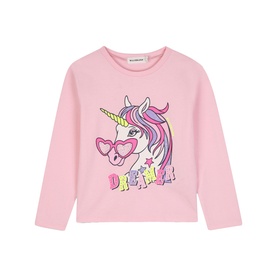 Billy Blush pink long-sleeve T-shirt with rainbow unicorn wearing heart sunglasses and Dreamer slogan graphic print