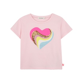 Billy Blush pink children's T-shirt with multicolour rainbow and leopard print sequin heart graphic on front