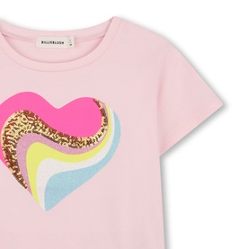 Billy Blush pink children's t-shirt, close-up of multicolour rainbow heart graphic with gold sequin detail