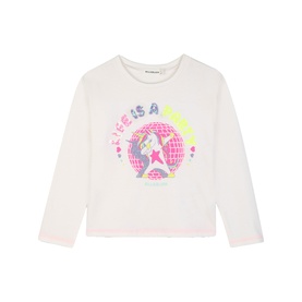 Billy Blush ivory long-sleeve T-shirt with neon pink and yellow globe and star graphic print, pink trim at cuffs and hem.