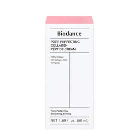 Biodance Pore Perfecting Collagen Peptide Cream 50ml box, white with pink top panel, showing key ingredient and benefit details.
