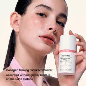 Model with Biodance Collagen Firming Facial Moisturiser; white pump jar held beside face, text visible on packaging