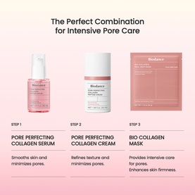 Biodance Pore Perfecting 3-step routine: Collagen Serum, Collagen Cream, and Bio Collagen Mask for intensive pore care.