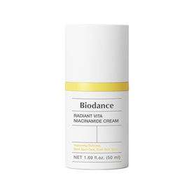 Biodance Radiant Vita Niacinamide Cream moisturiser in white 50ml pump bottle with yellow label band