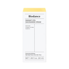 Biodance Radiant Vita Niacinamide Cream 50ml moisturiser in cream and yellow box packaging, side view showing key ingredients