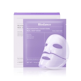 Biodance Rejuvenating Caviar PDRN Real Deep Mask in purple packaging, shown with individual sheet mask sachet and box set