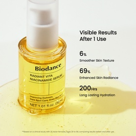 Biodance Radiant V1 Niacinamide Serum in glass dropper bottle, shown with claims: 6% smoother skin, 69% radiance, 200hrs hydration