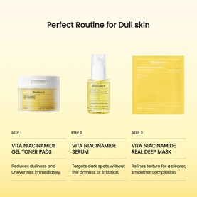 Biodance Vita Niacinamide 3-step routine for dull skin: Gel Toner Pads, Serum, and Real Deep Mask displayed on yellow background.