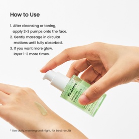 Biodance serum in green pump bottle shown in use, with how-to-use instructions and product being applied to hand.