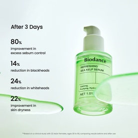 Biodance Refreshing Sea Kelp Serum in green pump bottle, shown alongside clinical results after 3 days of use