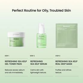 Biodance Refreshing Sea Kelp skincare 3-step routine for oily skin: Gel Toner Pads, Serum, and Real Deep Mask on green background.