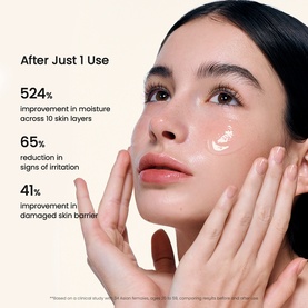 Model with Biodance serum applied to cheek, skin care infographic showing 524% moisture improvement after just one use