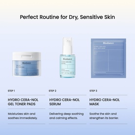 Biodance Hydro Cera-Nol 3-step routine for dry sensitive skin: Gel Toner Pads, Serum, and Mask displayed in order