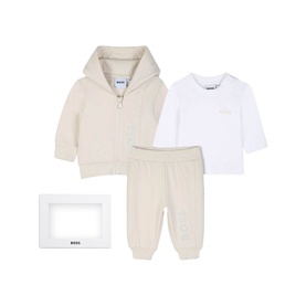 Boss Kids Baby New Beige 3-piece set with zip-up hoodie, joggers, and white long-sleeve top, presented in gift box
