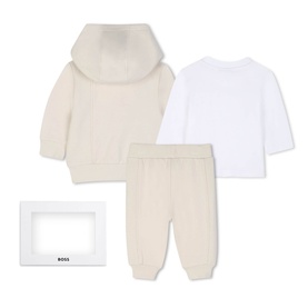 Boss Kids New Beige 3-piece baby set with hooded knit jacket, joggers, and white long-sleeve tee, presented with gift box