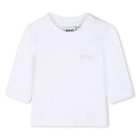 Boss Kids New Beige long-sleeve baby top with embroidered BOSS logo on chest, envelope neckline, part of a 3-piece set