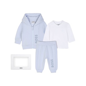Boss Kids pale blue baby 3-piece set with zip hoodie, joggers with logo, white long-sleeve top, and gift box.