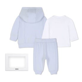 Boss Kids pale blue baby 3-piece set including hooded jacket, white top, and joggers, shown with gift box packaging.