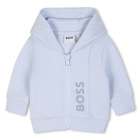 Boss Kids pale blue zip-up hoodie with large BOSS logo print and hood, part of a 3-piece baby set