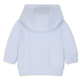 Boss Kids pale blue baby zip-up hoodie, back view, featuring hood and ribbed cuffs, part of a 3-piece set