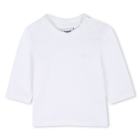 Boss Kids pale blue baby long sleeve top with crew neck and snap fastening, part of a 3-piece set