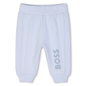 Boss Kids pale blue baby joggers with tonal BOSS logo print on leg and ribbed waistband and cuffs.