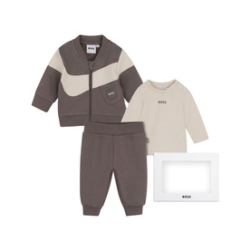 Boss Kids Baby 3 Piece set in green, includes zip-up jacket with colour block panel, joggers and long sleeve top in gift box