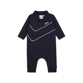 Boss Kids navy babygrow with white contrast piping, polo collar, long sleeves and BOSS chest logo