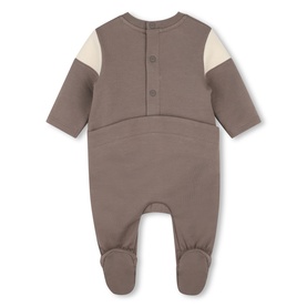 Boss Kids green babygrow with cream shoulder panels, button placket, and footed design, shown from the back