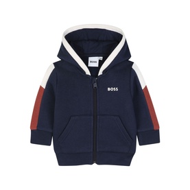 BOSS Baby zip-through hoodie in navy with cream hood lining and rust red shoulder panels, BOSS chest logo