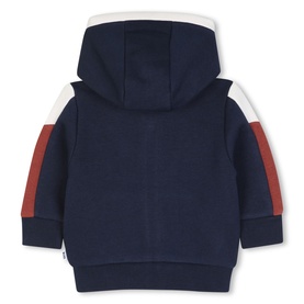 Navy blue children's zip-up hoodie with colour block stripe detail in white and rust red on sleeves, ribbed cuffs and hem