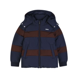 Boss Kids navy padded jacket with brown colour-block stripes, detachable hood, and logo chest patch