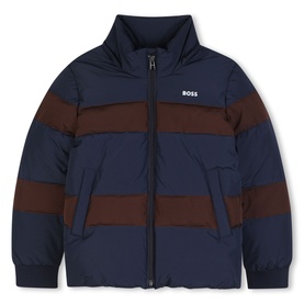 Boss Kids navy puffer jacket with brown colour-block stripes, zip fastening, funnel neck, and logo chest print
