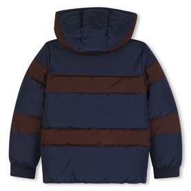 Boss Kids navy padded jacket with brown stripe detailing, hood, and ribbed cuffs, shown from the back