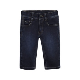 Boss Kids Baby dark wash denim jeans in Stone Pulverisation, five-pocket style with logo tab, flat lay view