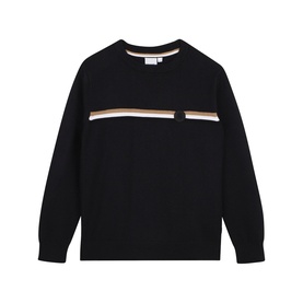 Black crew-neck knit jumper with signature stripe detail across chest and small logo patch, long sleeves