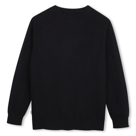 Black crew neck long-sleeve sweatshirt, relaxed fit, ribbed cuffs and hem, back view