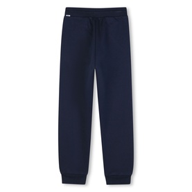 Boss Kids navy sweat bottoms with elasticated drawstring waist and ribbed cuffs, flat lay view