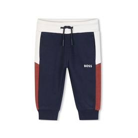 Boss Kids navy colourblock sweat bottoms with white waistband, red side panels, drawstring tie, and BOSS logo print