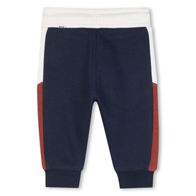 Boss Kids Baby Navy Sweat Bottoms with white waistband and rust side stripe detailing, elasticated cuffs