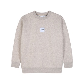 Boss Kids Off White Marl sweat top with crew neck, ribbed cuffs and hem, and small branded chest patch