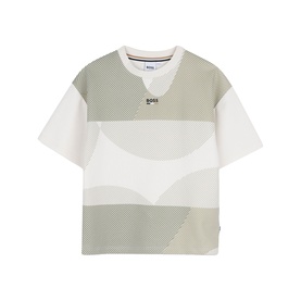 BOSS kids' white and sage green colour-block graphic T-shirt with short sleeves and crew neck