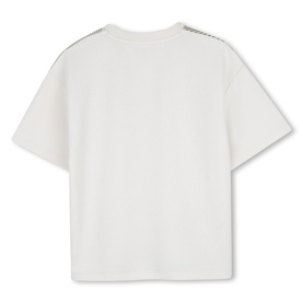 White short-sleeve T-shirt, back view, with contrast tape trim along shoulders and sleeves