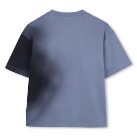 Boss Kids lavender blue colour-block short-sleeve T-shirt, back view showing navy panel detail on shoulder and sleeve.